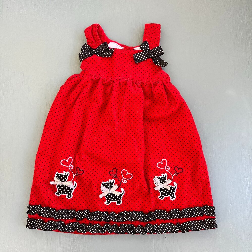 Vintage Toddler Dress Red Black White Corduroy Scottie Dogs Hearts Christmas